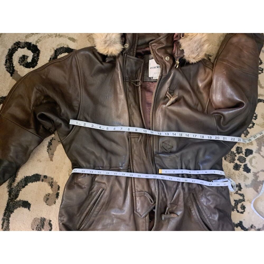 Andrew Marc Brown Leather Jacket with Fur Hood - Picture 3 of 13